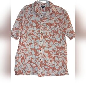 Croft & Barrow Hawaiian Shirt Men's Sz L Orange Floral Short Sleeve Pocket